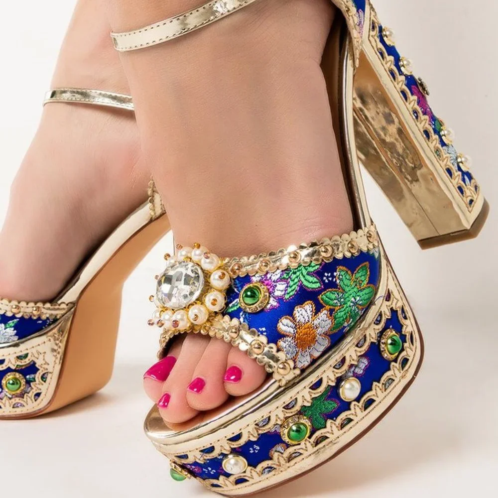 SOLD OUT ❤️ Callie Xhibit: Museum Platform Jeweled Tapestry Gold Pearl Heels 11 - Picture 5 of 5